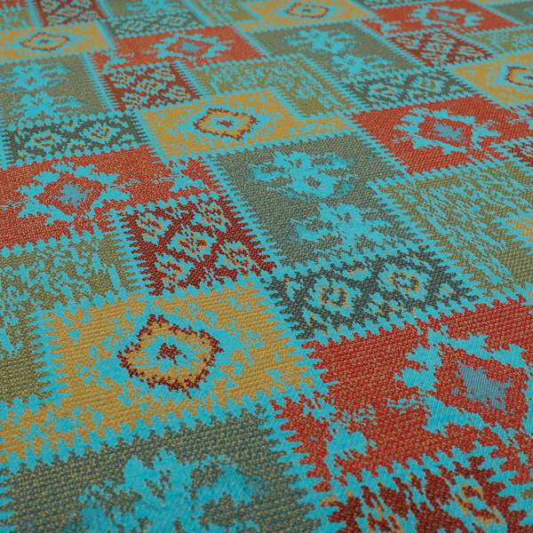 Jayapura Collection Of Kilim Patchwork Heavyweight Chenille Teal Blue Multi Colour Upholstery Fabric CTR-326 - Made To Measure Curtains