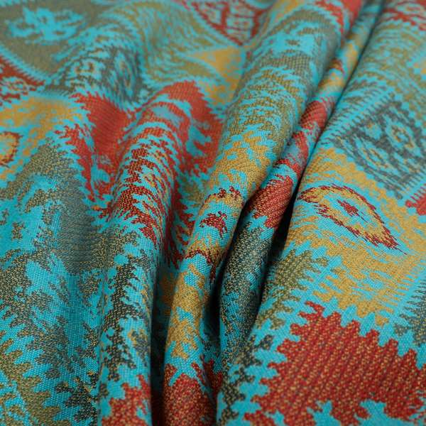 Jayapura Collection Of Kilim Patchwork Heavyweight Chenille Teal Blue Multi Colour Upholstery Fabric CTR-326 - Made To Measure Curtains