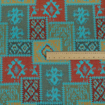 Jayapura Collection Of Kilim Patchwork Heavyweight Chenille Teal Blue Multi Colour Upholstery Fabric CTR-326 - Roman Blinds