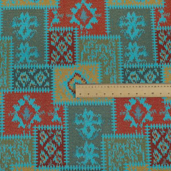 Jayapura Collection Of Kilim Patchwork Heavyweight Chenille Teal Blue Multi Colour Upholstery Fabric CTR-326