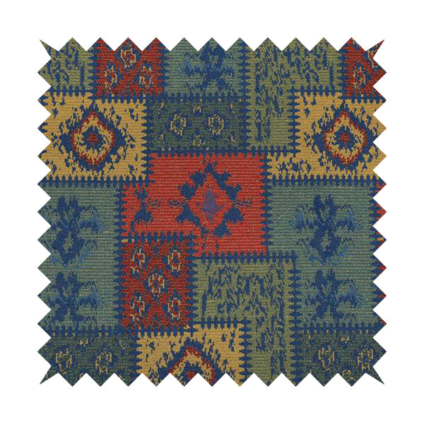 Jayapura Collection Of Kilim Patchwork Heavyweight Chenille Blue Multi Colour Upholstery Fabric CTR-327 - Roman Blinds