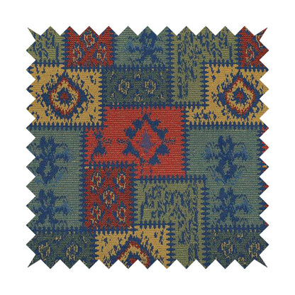 Jayapura Collection Of Kilim Patchwork Heavyweight Chenille Blue Multi Colour Upholstery Fabric CTR-327