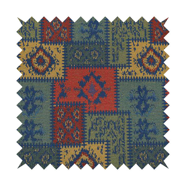 Jayapura Collection Of Kilim Patchwork Heavyweight Chenille Blue Multi Colour Upholstery Fabric CTR-327 - Made To Measure Curtains