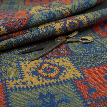 Jayapura Collection Of Kilim Patchwork Heavyweight Chenille Blue Multi Colour Upholstery Fabric CTR-327