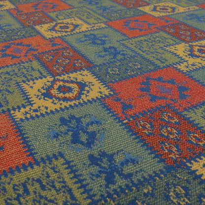 Jayapura Collection Of Kilim Patchwork Heavyweight Chenille Blue Multi Colour Upholstery Fabric CTR-327 - Made To Measure Curtains