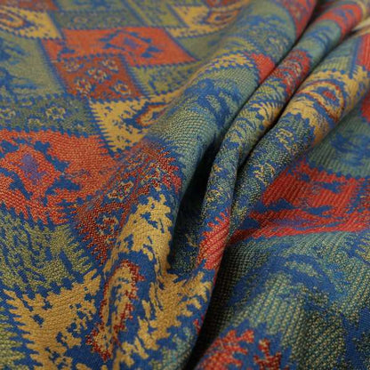 Jayapura Collection Of Kilim Patchwork Heavyweight Chenille Blue Multi Colour Upholstery Fabric CTR-327 - Made To Measure Curtains