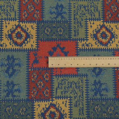 Jayapura Collection Of Kilim Patchwork Heavyweight Chenille Blue Multi Colour Upholstery Fabric CTR-327 - Roman Blinds