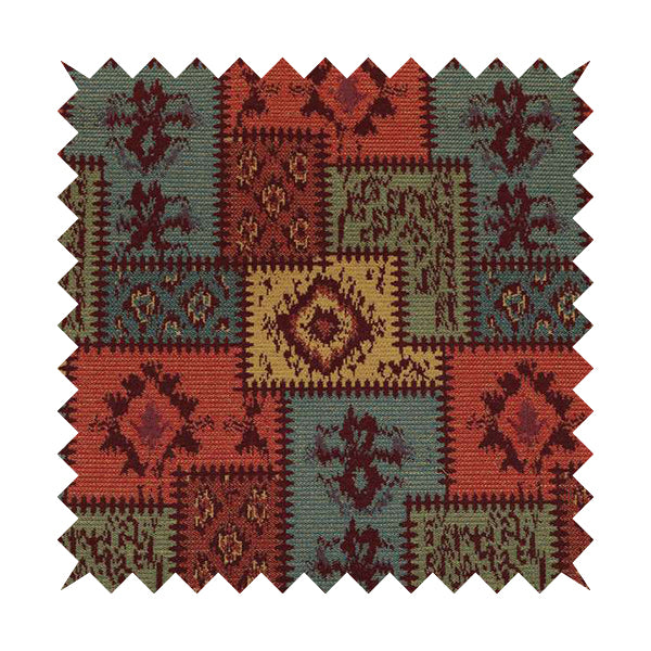Jayapura Collection Of Kilim Patchwork Heavyweight Chenille Burgundy Red Multi Colour Upholstery Fabric CTR-328 - Roman Blinds