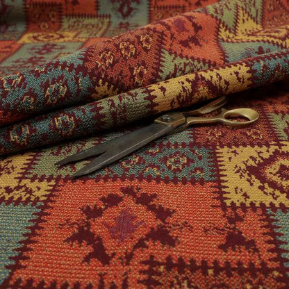 Jayapura Collection Of Kilim Patchwork Heavyweight Chenille Burgundy Red Multi Colour Upholstery Fabric CTR-328 - Roman Blinds