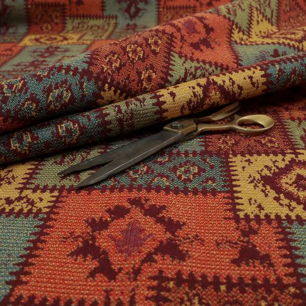 Jayapura Collection Of Kilim Patchwork Heavyweight Chenille Burgundy Red Multi Colour Upholstery Fabric CTR-328 - Made To Measure Curtains