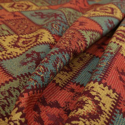 Jayapura Collection Of Kilim Patchwork Heavyweight Chenille Burgundy Red Multi Colour Upholstery Fabric CTR-328 - Made To Measure Curtains