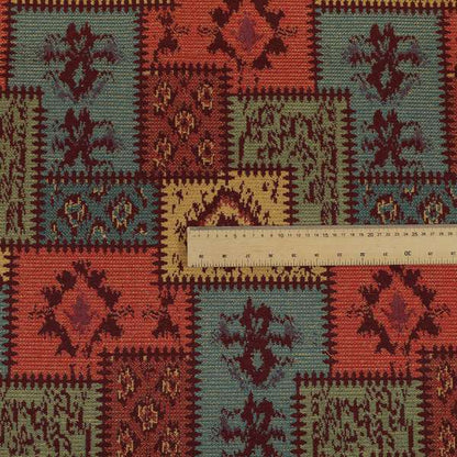 Jayapura Collection Of Kilim Patchwork Heavyweight Chenille Burgundy Red Multi Colour Upholstery Fabric CTR-328 - Roman Blinds