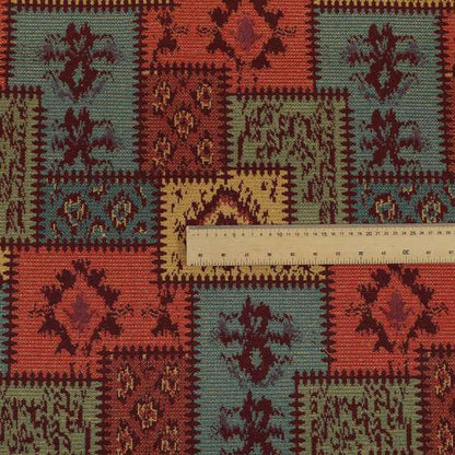 Jayapura Collection Of Kilim Patchwork Heavyweight Chenille Burgundy Red Multi Colour Upholstery Fabric CTR-328 - Made To Measure Curtains