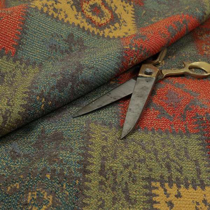 Jayapura Collection Of Kilim Patchwork Heavyweight Chenille Grey Multi Colour Upholstery Fabric CTR-329 - Made To Measure Curtains