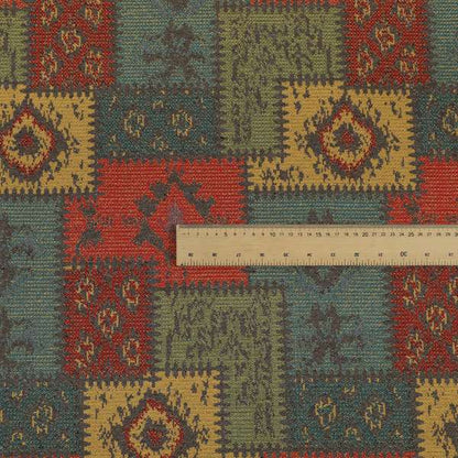 Jayapura Collection Of Kilim Patchwork Heavyweight Chenille Grey Multi Colour Upholstery Fabric CTR-329 - Roman Blinds