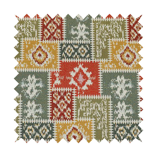 Jayapura Collection Of Kilim Patchwork Heavyweight Chenille White Multi Colour Upholstery Fabric CTR-330 - Made To Measure Curtains