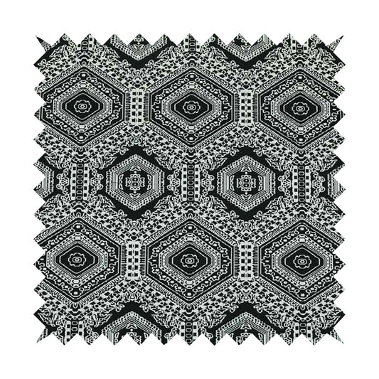 Althea Flat Weave Chenille Medallion Kilim Pattern In Black White Furnishing Fabric CTR-331