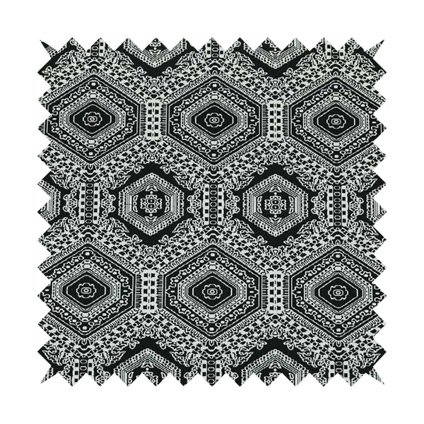 Althea Flat Weave Chenille Medallion Kilim Pattern In Black White Furnishing Fabric CTR-331 - Made To Measure Curtains