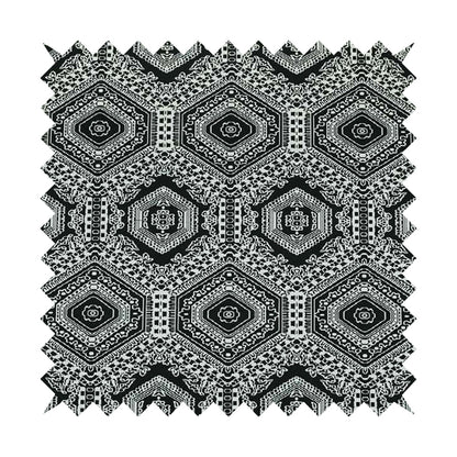 Althea Flat Weave Chenille Medallion Kilim Pattern In Black White Furnishing Fabric CTR-331 - Made To Measure Curtains