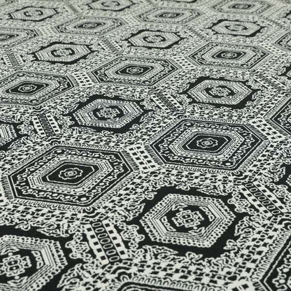 Althea Flat Weave Chenille Medallion Kilim Pattern In Black White Furnishing Fabric CTR-331 - Made To Measure Curtains