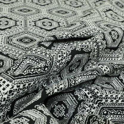 Althea Flat Weave Chenille Medallion Kilim Pattern In Black White Furnishing Fabric CTR-331 - Made To Measure Curtains