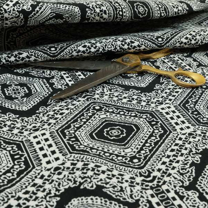 Althea Flat Weave Chenille Medallion Kilim Pattern In Black White Furnishing Fabric CTR-331 - Made To Measure Curtains