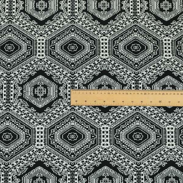 Althea Flat Weave Chenille Medallion Kilim Pattern In Black White Furnishing Fabric CTR-331 - Made To Measure Curtains