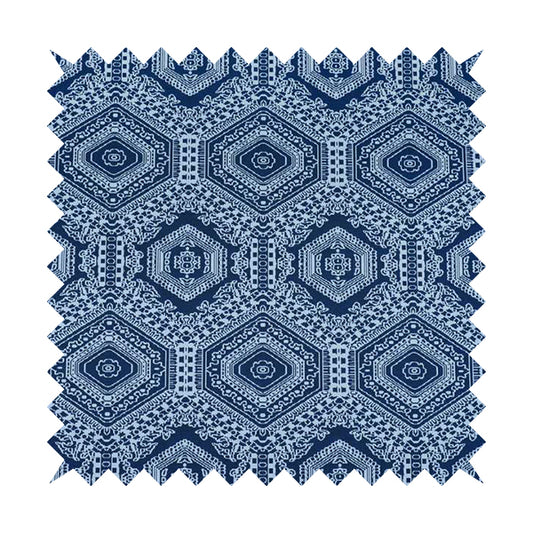 Althea Flat Weave Chenille Medallion Kilim Pattern In Blue White Furnishing Fabric CTR-332