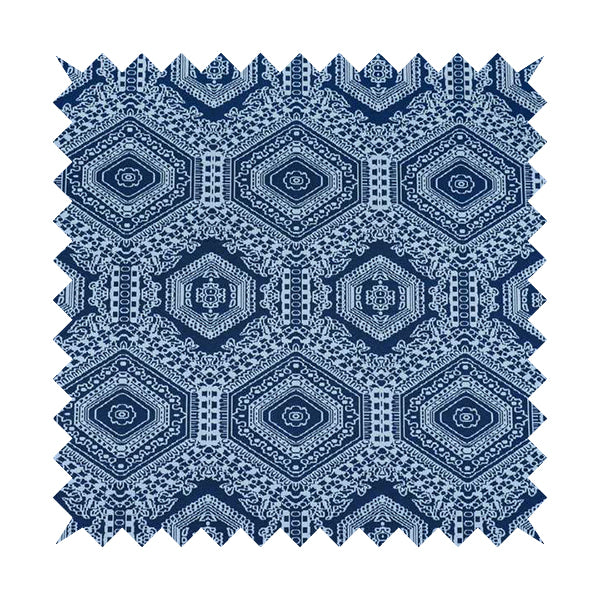 Althea Flat Weave Chenille Medallion Kilim Pattern In Blue White Furnishing Fabric CTR-332 - Made To Measure Curtains