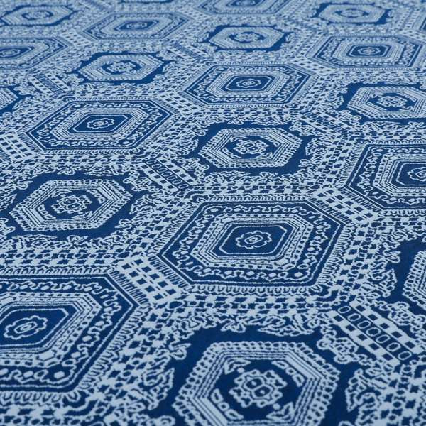 Althea Flat Weave Chenille Medallion Kilim Pattern In Blue White Furnishing Fabric CTR-332 - Made To Measure Curtains