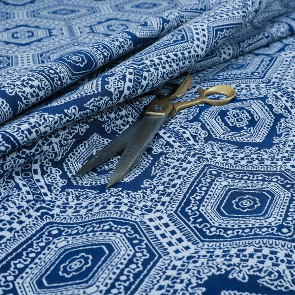 Althea Flat Weave Chenille Medallion Kilim Pattern In Blue White Furnishing Fabric CTR-332 - Made To Measure Curtains