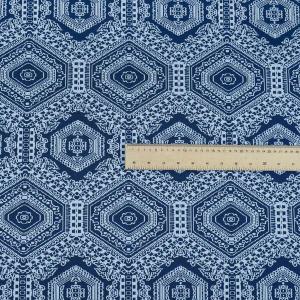 Althea Flat Weave Chenille Medallion Kilim Pattern In Blue White Furnishing Fabric CTR-332 - Made To Measure Curtains