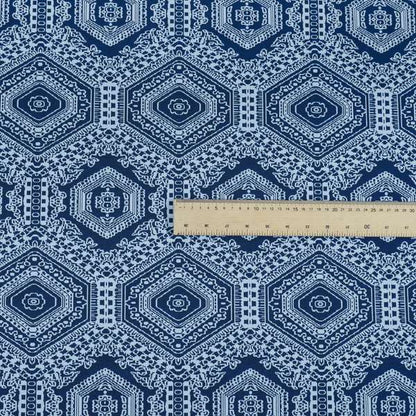 Althea Flat Weave Chenille Medallion Kilim Pattern In Blue White Furnishing Fabric CTR-332