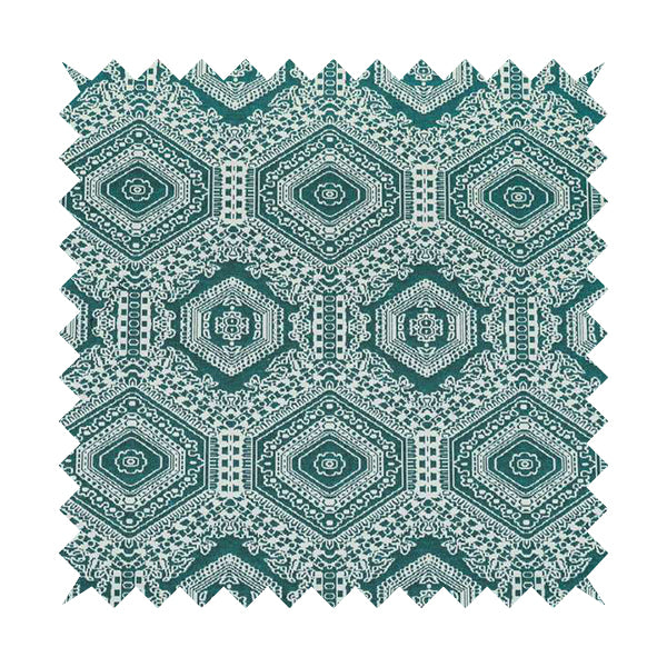 Althea Flat Weave Chenille Medallion Kilim Pattern In Teal White Furnishing Fabric CTR-333 - Made To Measure Curtains