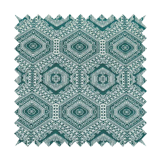Althea Flat Weave Chenille Medallion Kilim Pattern In Teal White Furnishing Fabric CTR-333