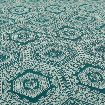 Althea Flat Weave Chenille Medallion Kilim Pattern In Teal White Furnishing Fabric CTR-333 - Made To Measure Curtains