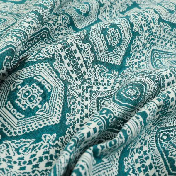 Althea Flat Weave Chenille Medallion Kilim Pattern In Teal White Furnishing Fabric CTR-333 - Roman Blinds