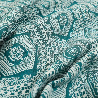 Althea Flat Weave Chenille Medallion Kilim Pattern In Teal White Furnishing Fabric CTR-333 - Made To Measure Curtains