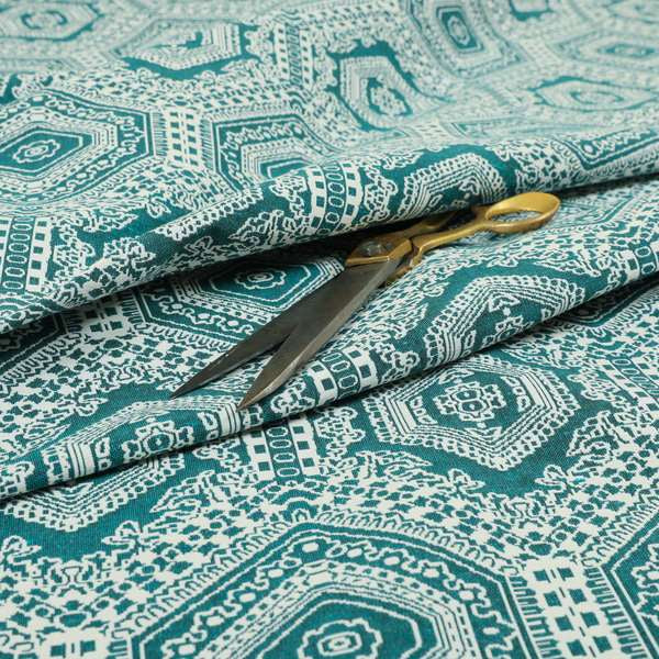 Althea Flat Weave Chenille Medallion Kilim Pattern In Teal White Furnishing Fabric CTR-333 - Roman Blinds