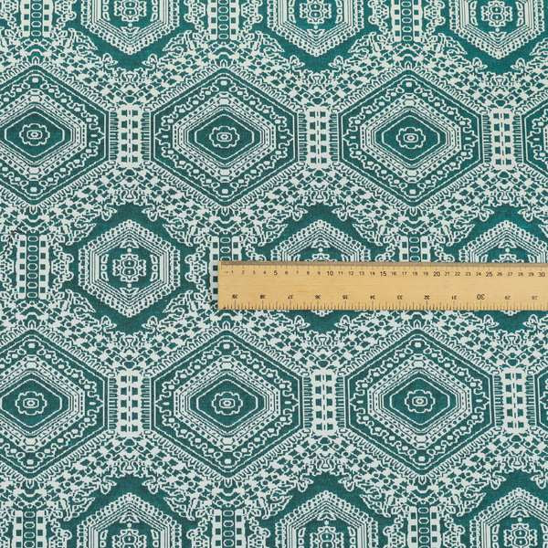 Althea Flat Weave Chenille Medallion Kilim Pattern In Teal White Furnishing Fabric CTR-333 - Roman Blinds