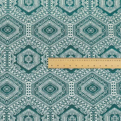 Althea Flat Weave Chenille Medallion Kilim Pattern In Teal White Furnishing Fabric CTR-333 - Made To Measure Curtains