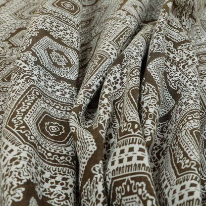 Althea Flat Weave Chenille Medallion Kilim Pattern In Brown White Furnishing Fabric CTR-334