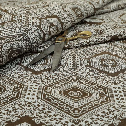 Althea Flat Weave Chenille Medallion Kilim Pattern In Brown White Furnishing Fabric CTR-334