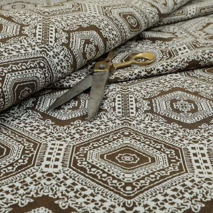 Althea Flat Weave Chenille Medallion Kilim Pattern In Brown White Furnishing Fabric CTR-334 - Made To Measure Curtains