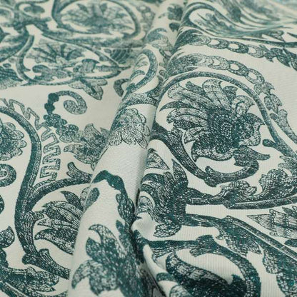 Starla Flat Weave Chenille Damask Pattern In Teal Furnishing Fabric CTR-338