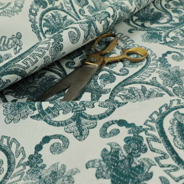 Starla Flat Weave Chenille Damask Pattern In Teal Furnishing Fabric CTR-338 - Roman Blinds