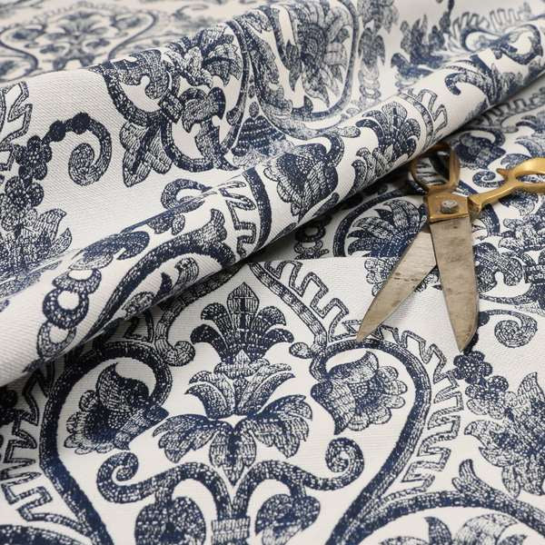 Starla Flat Weave Chenille Damask Pattern In Blue Furnishing Fabric CTR-339 - Handmade Cushions