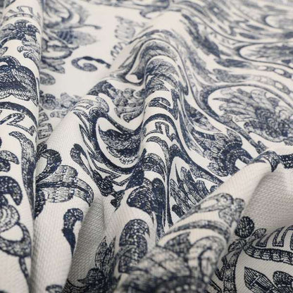 Starla Flat Weave Chenille Damask Pattern In Blue Furnishing Fabric CTR-339