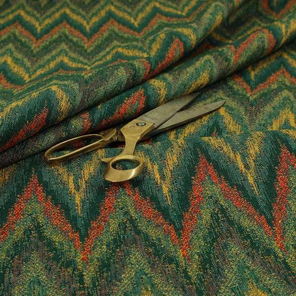 Ipoh Collection Of Chevron Striped Heavyweight Chenille Green Multi Colour Upholstery Fabric CTR-344 - Made To Measure Curtains