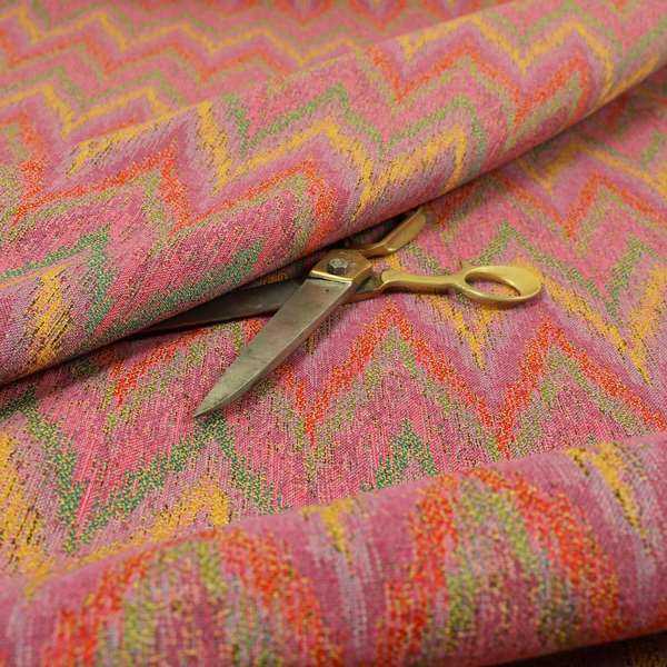 Ipoh Collection Of Chevron Striped Heavyweight Chenille Pink Multi Colour Upholstery Fabric CTR-349 - Roman Blinds